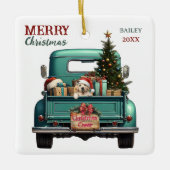 Yellow Labrador Retriever Puppy Truck Christmas セラミックオーナメント (正面)