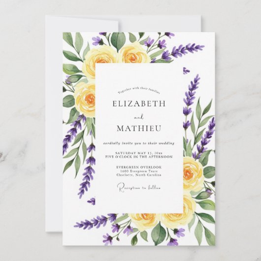 Yellow Lavender Floral Romance Wedding 招待状 (正面)
