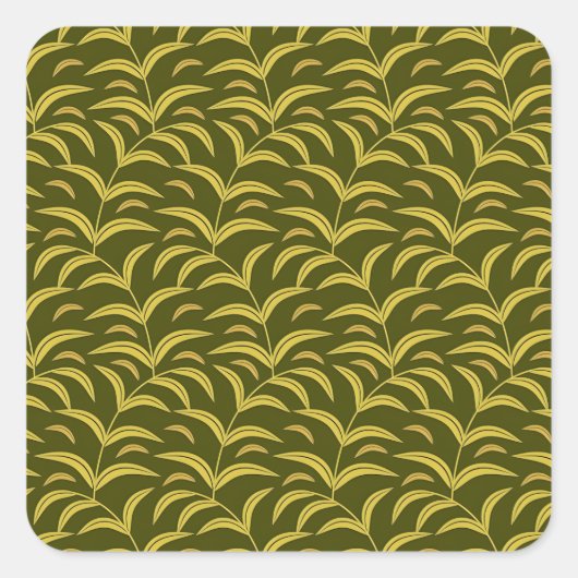 Yellow Leaf Motif Pattern on Dark Green Background スクエアシール (正面)