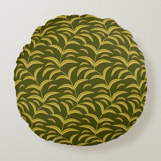 Yellow Leaf Motif Pattern on Dark Green Background ラウンドクッション (正面)