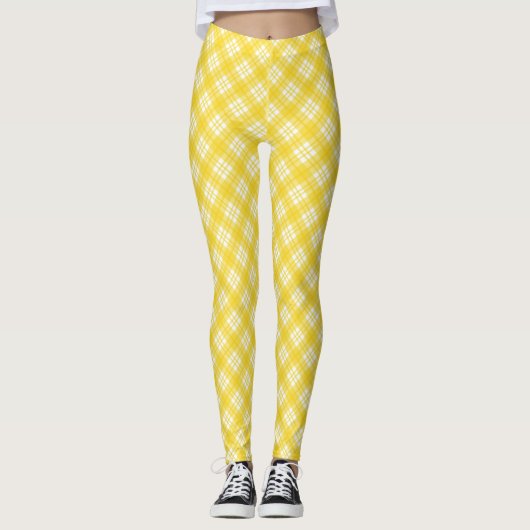 Yellow leggings with a white plaid pattern  レギンス (正面)