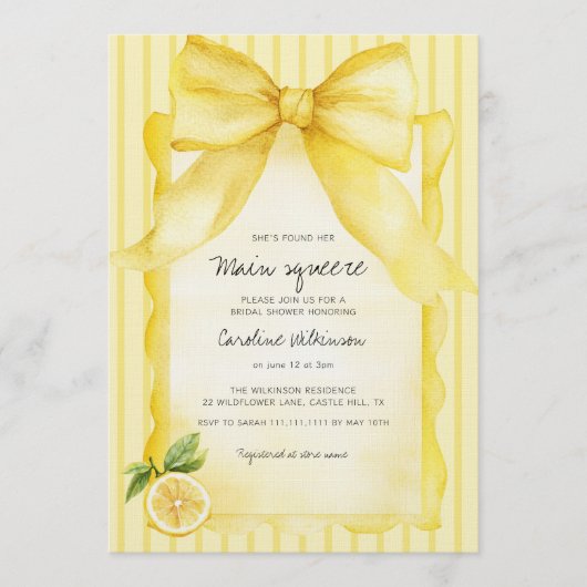 Yellow Lemon & Bow "Main Squeeze" Bridal Shower 招待状 (正面)