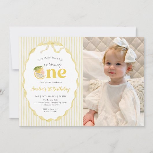 Yellow Lemon Citrus 1st Birthday Photo 招待状 (正面)