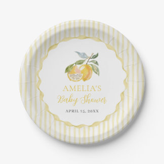 Yellow Lemon Citrus Stripes Baby Shower ペーパープレート