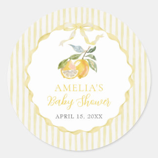 Yellow Lemon Citrus Stripes Baby Shower Sticker ラウンドシール