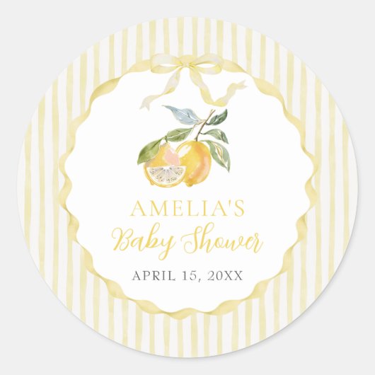 Yellow Lemon Citrus Stripes Baby Shower Sticker ラウンドシール (正面)