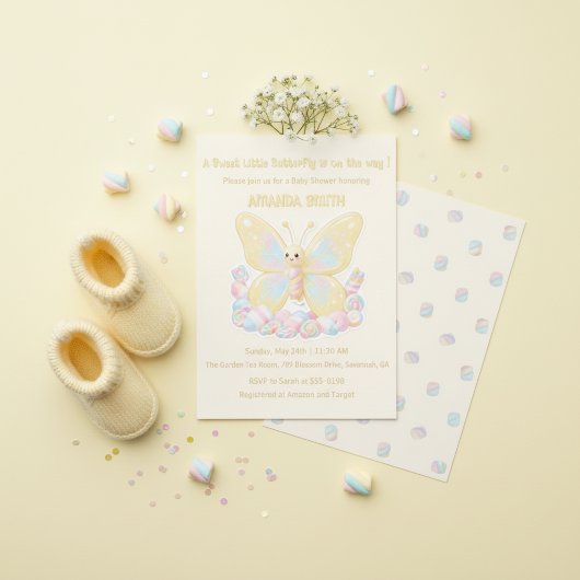 Yellow Lemon Cream Butterfly Baby Shower 招待状