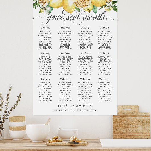 Yellow Lemon Greenery Floral Wedding Seating Chart ポスター (キッチン)