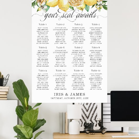 Yellow Lemon Greenery Floral Wedding Seating Chart ポスター (ホームオフィス)