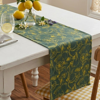 Yellow Lemon Hand Drawn Design on Dark Green  ショートテーブルランナー