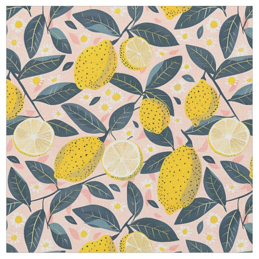 Yellow Lemon Print Fabric Cotton Fabric ファブリック (クローズアップ)