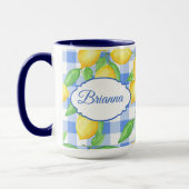 Yellow Lemon Print on Blue and White Gingham Mug マグカップ (左)
