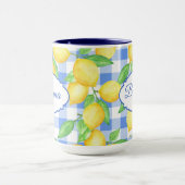 Yellow Lemon Print on Blue and White Gingham Mug マグカップ (中央)