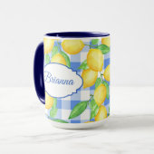 Yellow Lemon Print on Blue and White Gingham Mug マグカップ (正面左)