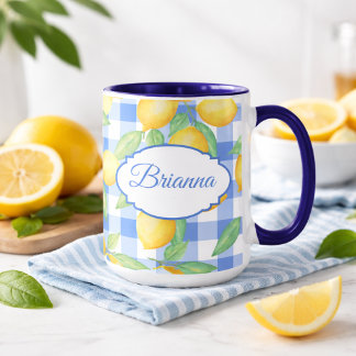 Yellow Lemon Print on Blue and White Gingham Mug マグカップ