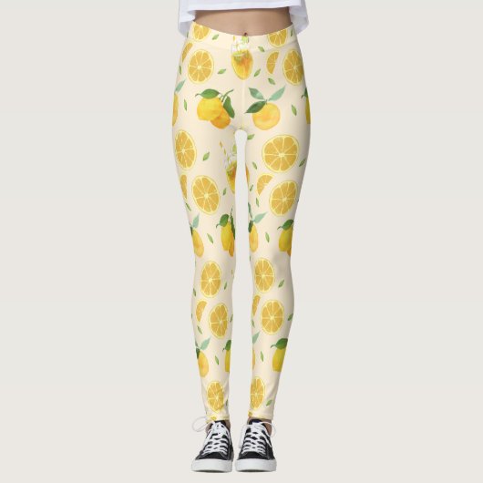 Yellow Lemon Watercolor Citrus Pattern レギンス (正面)