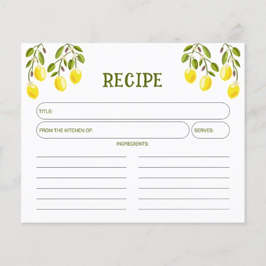 Yellow Lemon, Watercolor Kitchen Recipe Card (正面)