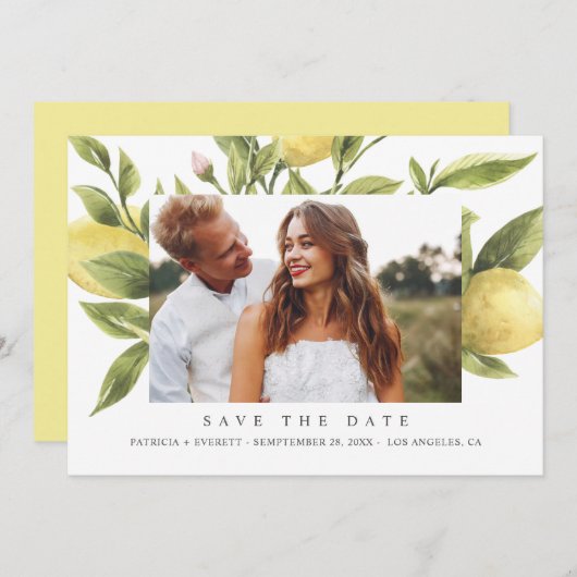 Yellow Lemons Bohoの結婚写真は日付を保存 案内状 (正面/裏面)