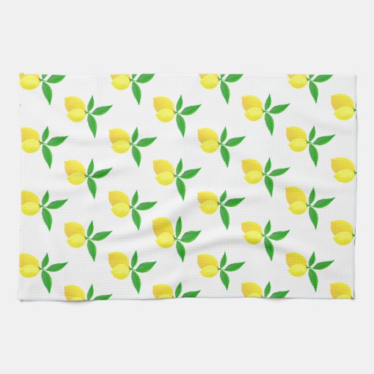 Yellow Lemons Green Leaves White Background キッチンタオル (横)