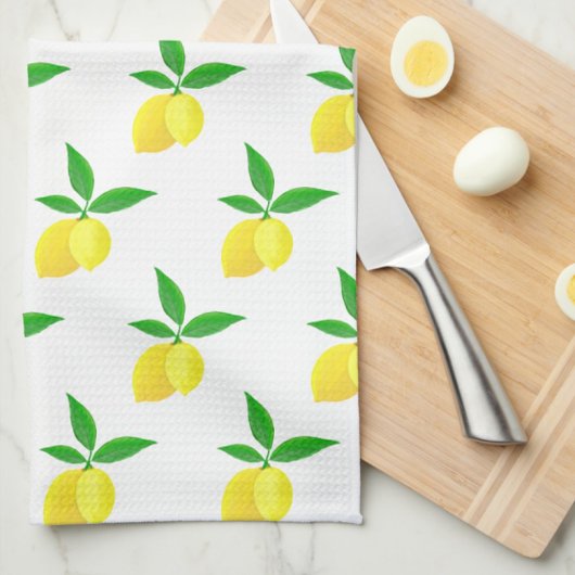 Yellow Lemons Green Leaves White Background キッチンタオル