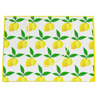 Yellow Lemons Green Leaves White Background ラージペーパーバッグ