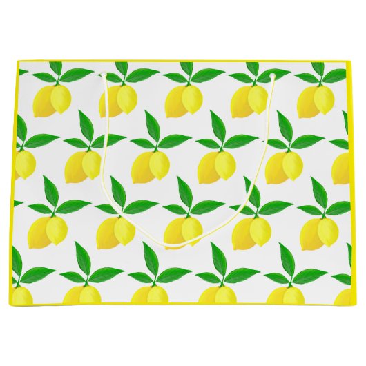 Yellow Lemons Green Leaves White Background ラージペーパーバッグ (正面)