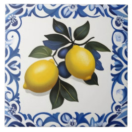 Yellow Lemons with Blue and White Border タイル