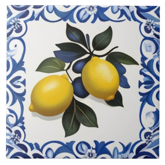 Yellow Lemons with Blue and White Border タイル (正面)