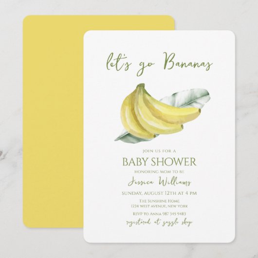 Yellow Let's Go Bananas Leaves Baby Shower 招待状 (正面/裏面)