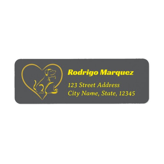 Yellow Line Art Cat, Dog, and Heart  ラベル (正面)