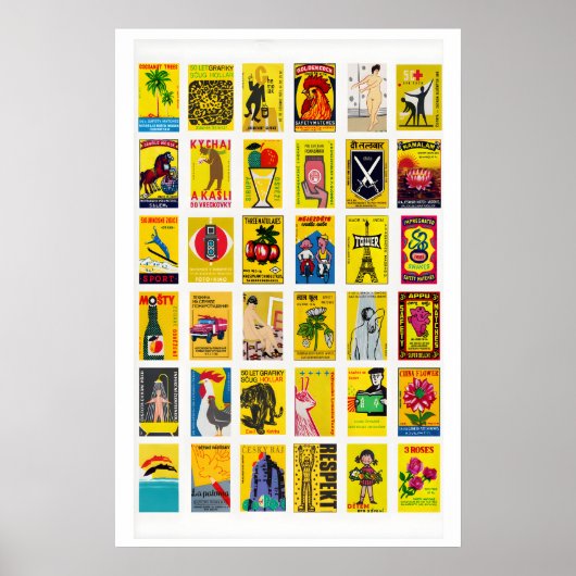 Yellow Matchbox Labels Grid Print, Vintage ポスター (正面)