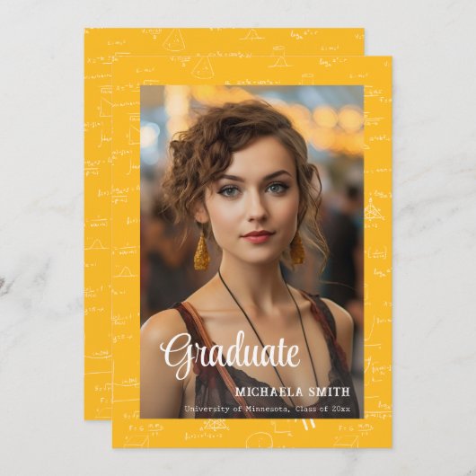 Yellow Math College Script Photo Graduation 案内状 (正面/裏面)