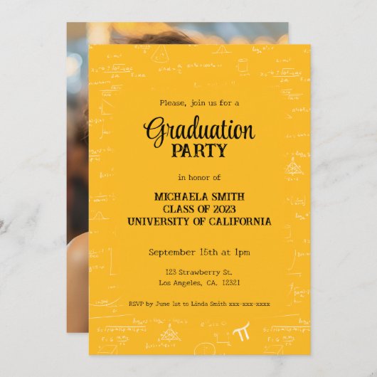 Yellow Math Hand-Lettering Photo Graduation 招待状 (正面/裏面)