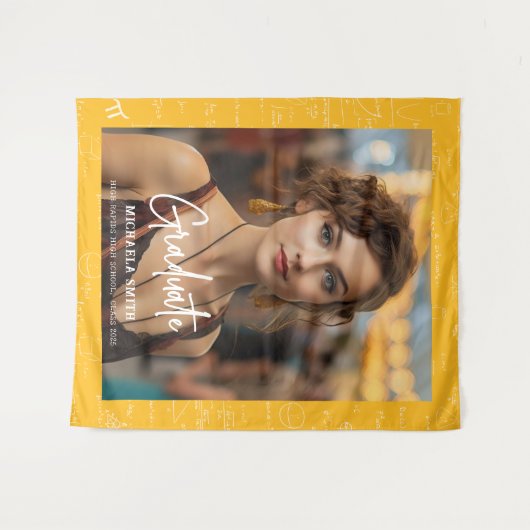 Yellow Math Handwritten Script Photo Graduation  タペストリー (正面(横))