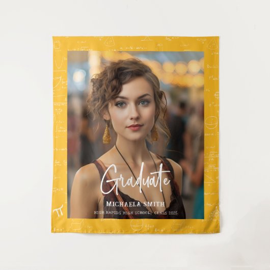 Yellow Math Handwritten Script Photo Graduation  タペストリー (正面)