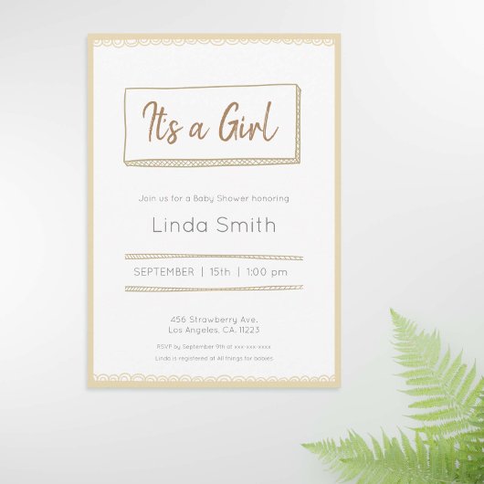 Yellow Minimalist Doodle Neutral Baby Shower  招待状