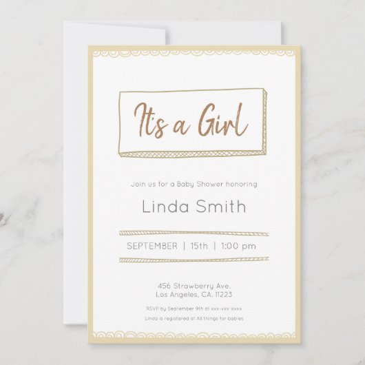 Yellow Minimalist Doodle Neutral Baby Shower  招待状 (正面)