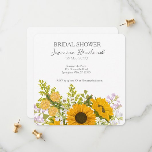 Yellow Modern Sunflowers Bouquet Bridal Shower  セーブザデート (正面/裏面インサイチュ)