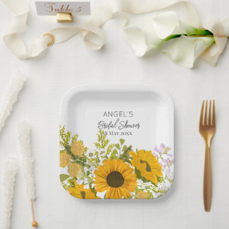 Yellow Modern Sunflowers Bouquet Bridal Shower ペーパープレート