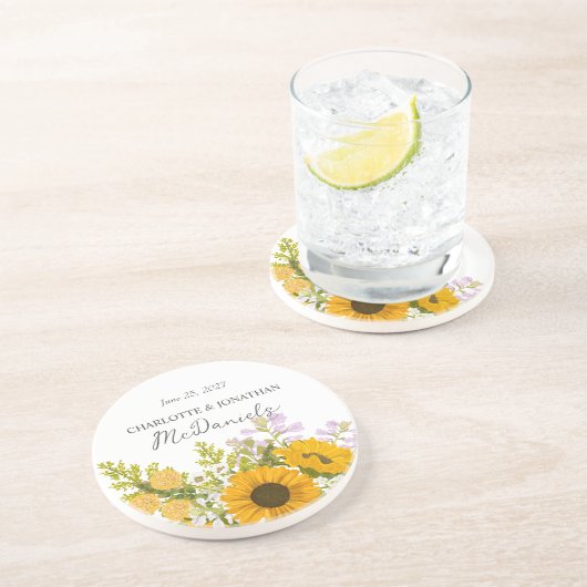 Yellow Modern Sunflowers Bouquet Wedding コースター (側面)