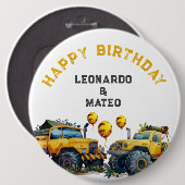 Yellow Monster Trucks Boys Happy Birthday  缶バッジ (正面&裏面)