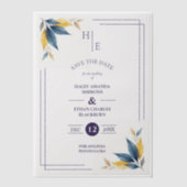 Yellow & Navy Blue Botanical Leaves Corner Initial ベラム紙招待状 (正面)