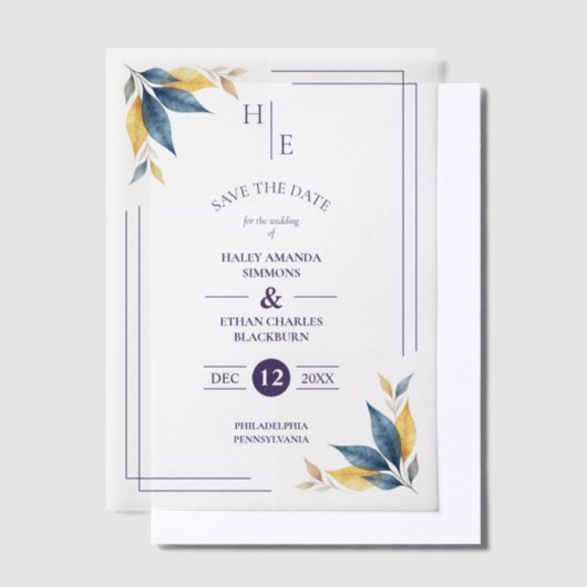 Yellow & Navy Blue Botanical Leaves Corner Initial ベラム紙招待状 (オフセット)