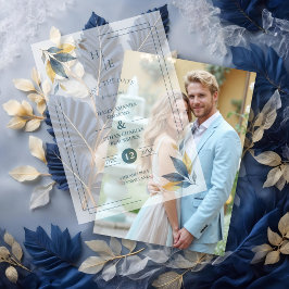 Yellow & Navy Blue Botanical Leaves Corner Initial ベラム紙招待状