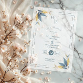 Yellow & Navy Blue Botanical Leaves Corner Initial ベラム紙招待状