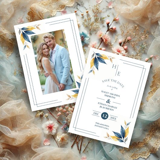 Yellow & Navy Blue Botanical Leaves Corner Photo セーブザデート