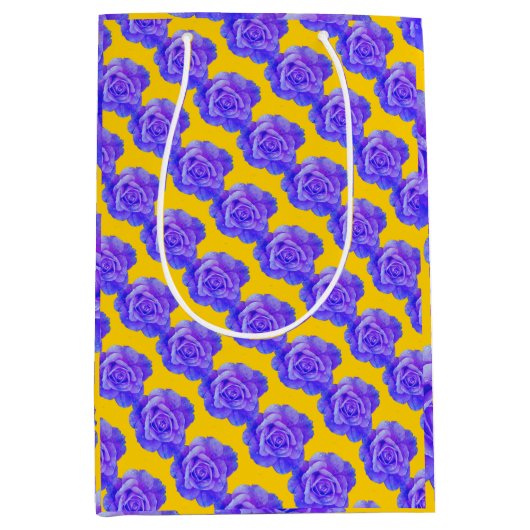 Yellow Navy Blue Floral Patterns Flowers Roses ミディアムペーパーバッグ (正面)