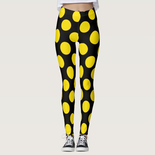 Yellow on Black Polka Dot Leggings レギンス (正面)