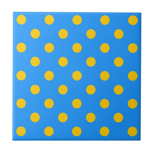 Yellow On Blue Polka Dots Pattern Design タイル (正面)