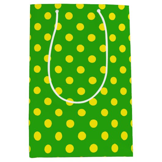 Yellow On Green Polka Dots Pattern Design ミディアムペーパーバッグ (正面)